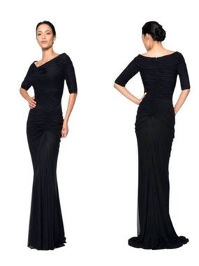 Size L Tadashi Shoji Black Ruched Off-Shoulder Maxi Gown with mini train.